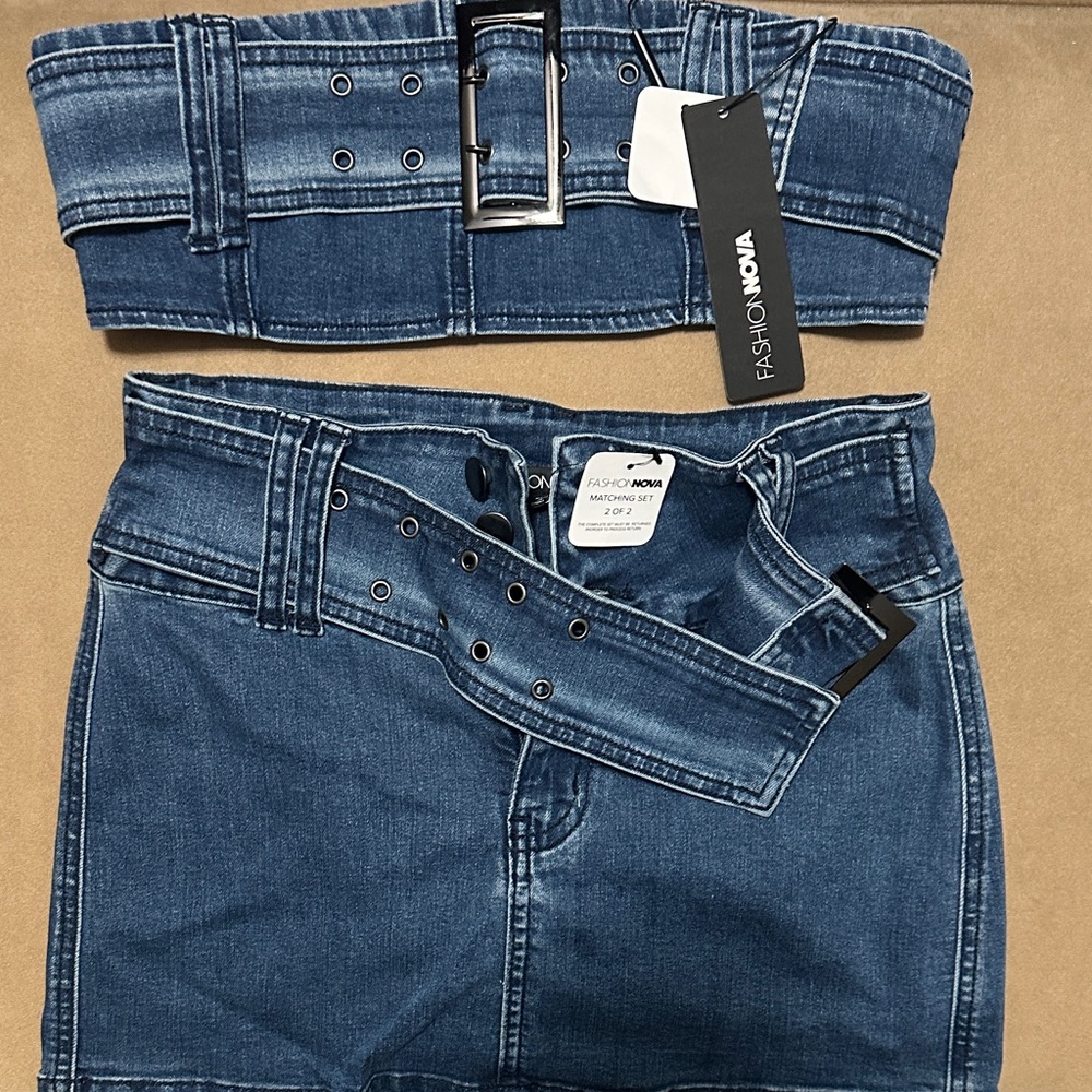 Fashion Nova Blue Denim Skirt and Belt Set